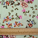 Popeline de coton imprimée fleur arabesque violet fond vert de gris