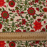 Popeline de coton imprimée fleurs folklorique rouge et vert fond écru