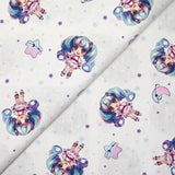Coton imprimé kawaii bleu et rose fond blanc