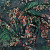 Mousseline imprimée crinkle feuilles et fleurs marron et vert fond pétrole