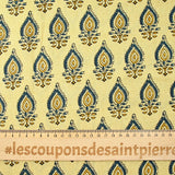 Coton indien imprimé Chennai bleu et ocre fond beige