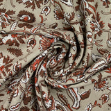 Coton indien imprimé fleur marron et brique fond taupe