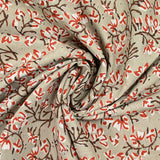Coton indien imprimé branche et fleur brique fond taupe