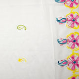 Voile de coton brodé festonné Perla canard, vert et fuchsia fond blanc cassé