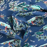 Lin et coton imprimé Hawaiian tropics fond bleu