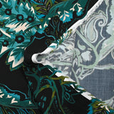 Twill de viscose imprimé cachemire turquoise et kaki fond noir