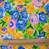 Viscose imprimée montagne de fleurs orange, bleu et vert
