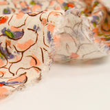 Lin viscose imprimé fleurs de pensées blush et violet fond écru