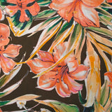 Voile de viscose imprimé Hawaiian hibiscus orange corail fond marron
