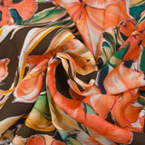 Voile de viscose imprimé Hawaiian hibiscus orange corail fond marron