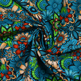 Coton imprimé Retro Flower turquoise et vert