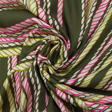 Satin de viscose imprimé cordes rose et pomme fond kaki