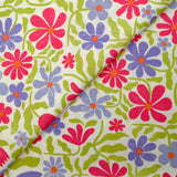 Lin viscose imprimé fleurs rétro fuchsia et lavande fond blanc