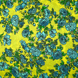 Satin 100% soie imprimé fleurs bleues fond anis