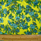 Satin 100% soie imprimé fleurs bleues fond anis