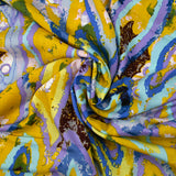 Viscose imprimée évasion triangulaire parme, ciel et jaune