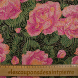 Golden brocade with pink flowers green background