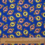 Coton imprimé ethnique Kampen orange et jaune fond bleu roi