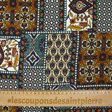 Satin de viscose imprimé patchwork ornement orange, canard et marine