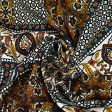 Satin de viscose imprimé patchwork ornement orange, canard et marine