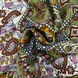 Satin de viscose imprimé patchwork ornement marron, vert pomme et ocre