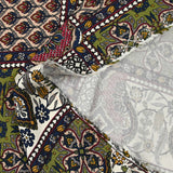 Satin de viscose imprimé patchwork ornement lie de vin, kaki et marine