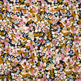 Viscose imprimée les fleurs d'Ornella moutarde, rose et bleu layette