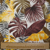 Polycoton imprimé jungle de feuilles jaune et marron fond blanc