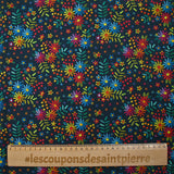 Popeline de coton imprimée fleurs brodées fond bleu nuit