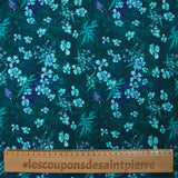 Popeline de coton imprimée fleurs turquoise fond bleu foncé