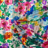 Mousseline imprimée bande satin Flora rose, violet et vert fond blanc