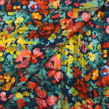 Printed muslin satin band Flora coral, yellow and sea green navy background
