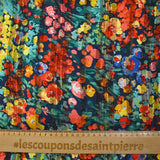 Printed muslin satin band Flora coral, yellow and sea green navy background