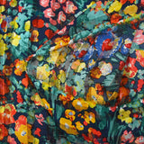 Printed muslin satin band Flora coral, yellow and sea green navy background