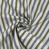 7 mm striped seersucker effect cotton, navy and brown, off-white background