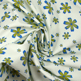 Bengaline coton imprimée fleurs anis et bleu roi fond blanc cassé