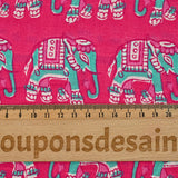 Coton indien imprimé éléphant turquoise fond rose