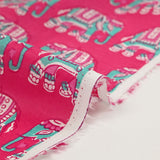 Coton indien imprimé éléphant turquoise fond rose