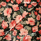 Velours de polyester Lurex imprimée rose et cachemire fond noir