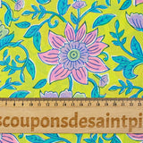 Coton indien imprimé Parvati turquoise et rose fond jaune