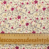 Popeline de coton imprimée fleurs bordeaux et beige fond écru