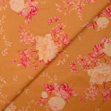 Popeline de coton imprimée rosier rose fond rayé orange