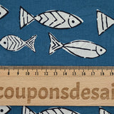 Coton indien imprimé poissons fond bleu pétrole
