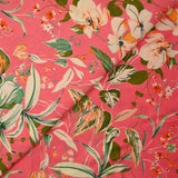 Viscose imprimée fleurs bucolique vert et orange fond rose