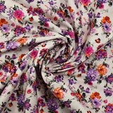 Popeline de coton imprimée rosier violet et orange fond blanc