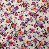 Popeline de coton imprimée rosier violet et orange fond blanc