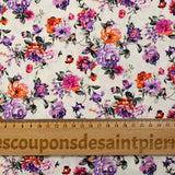 Popeline de coton imprimée rosier violet et orange fond blanc