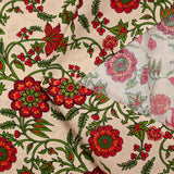 Popeline de coton imprimée fleurs folklorique rouge et vert fond écru