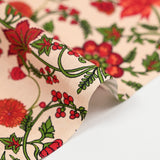 Popeline de coton imprimée fleurs folklorique rouge et vert fond écru