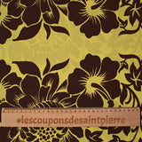 Cotton printed with giant brown flowers on anise green background
